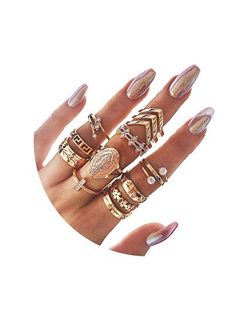 CSIYAN 9-15 Pieces Stackable Knuckle Ring Set,Boho Vintage Crystal Stacking Midi Finger Rings for Women Teen Girls Fashion Multiple Rings Pack Size 5-10