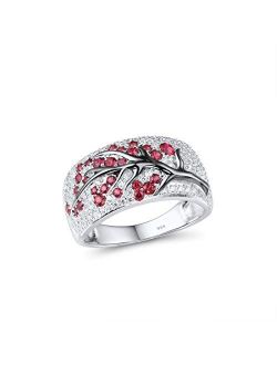 925 Sterling Silver Ring Delicate Pink Cherry Tree Created Ruby Shiny White Cubic Zirconia