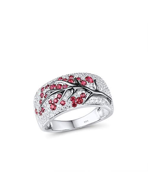 925 Sterling Silver Ring Delicate Pink Cherry Tree Created Ruby Shiny White Cubic Zirconia