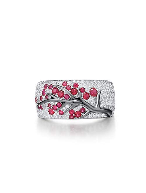 925 Sterling Silver Ring Delicate Pink Cherry Tree Created Ruby Shiny White Cubic Zirconia