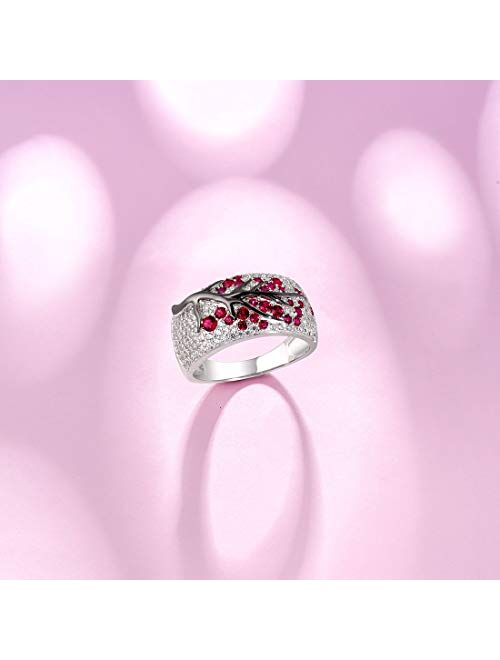 925 Sterling Silver Ring Delicate Pink Cherry Tree Created Ruby Shiny White Cubic Zirconia