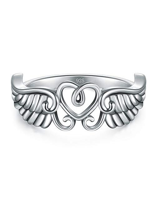 BORUO 925 Sterling Silver Ring High Polish Heart Angle Wings Ring 4-12