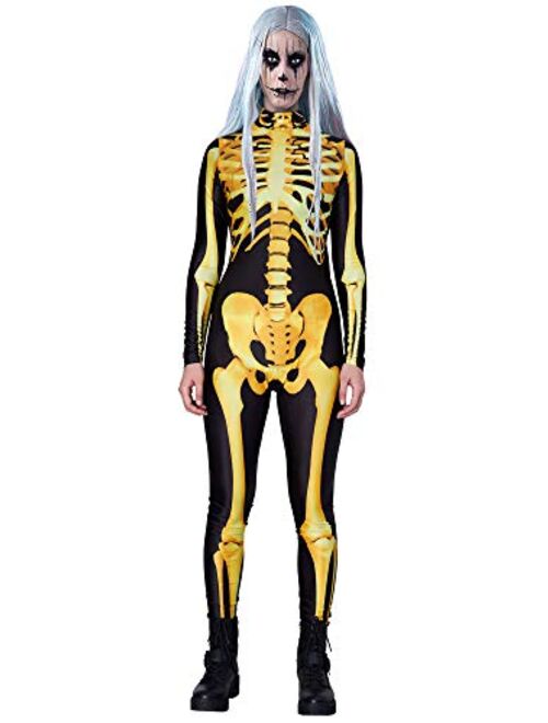 AIDEAONE Women Halloween Cosplay Costumes Funny Skeleton Bodysuit 3D Stretch Skinny Jumpsuit One Piece Outfit Catsuit