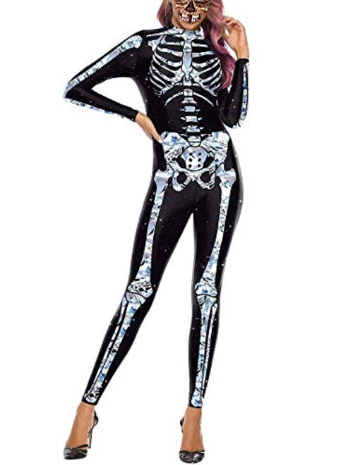 AIDEAONE Women Halloween Cosplay Costumes Funny Skeleton Bodysuit 3D Stretch Skinny Jumpsuit One Piece Outfit Catsuit