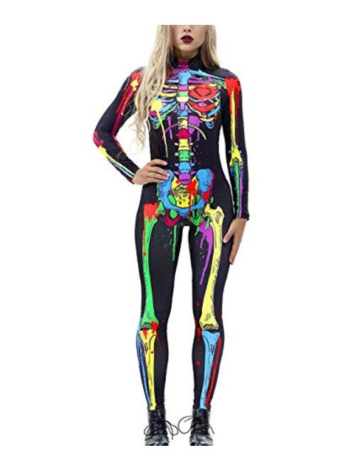 AIDEAONE Women Halloween Cosplay Costumes Funny Skeleton Bodysuit 3D Stretch Skinny Jumpsuit One Piece Outfit Catsuit