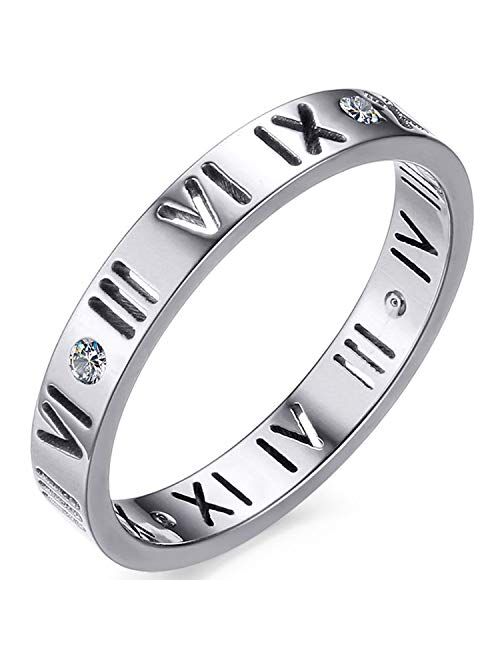 Nanafast Openwork Roman Numerals Ring for Women Girls of Stainless Steel & CZ Setting Silver/Rose Gold/Gold Plated