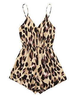 Women's Leopard Print Wrap Spaghetti Strap Romper Cami Jumpsuit