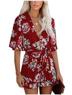 AIMCOO Women's Summer Deep V-Neck Floral Print Romper Ruffle Hem Half Flared Sleeve Jumpsuits Waist Tie Casual Short Rompers