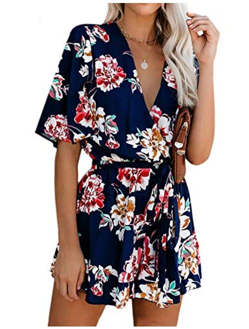 AIMCOO Women's Summer Deep V-Neck Floral Print Romper Ruffle Hem Half Flared Sleeve Jumpsuits Waist Tie Casual Short Rompers