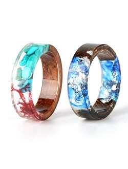 NDJEWELRY Unique Wood Plastic Resin Ring with Turquoise Insided Transparent Crystal Band Ring Best Handmade Gift for Her