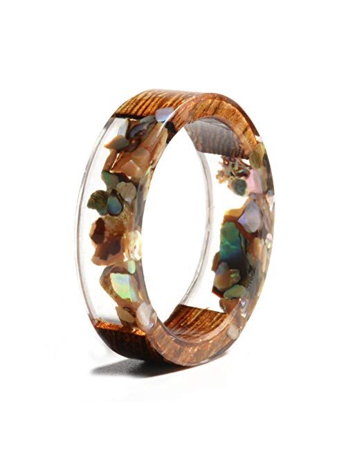 NDJEWELRY Unique Wood Plastic Resin Ring with Turquoise Insided Transparent Crystal Band Ring Best Handmade Gift for Her