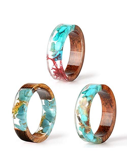 NDJEWELRY Unique Wood Plastic Resin Ring with Turquoise Insided Transparent Crystal Band Ring Best Handmade Gift for Her