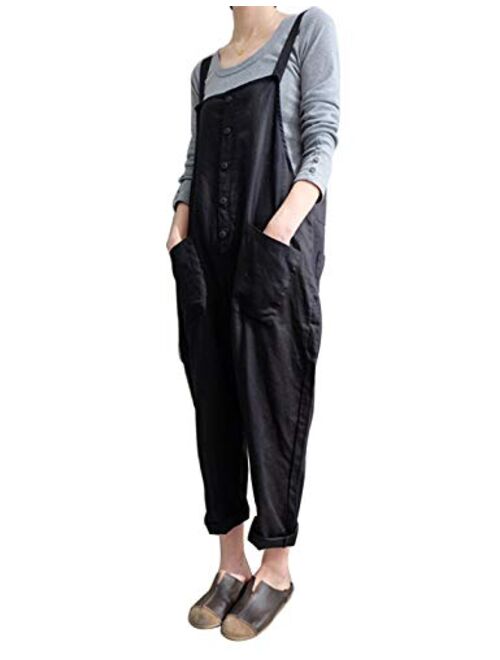 Locachy Women's Baggy Casual Overalls Jumpsuit Cotton Linen Wide Leg Sleeveless Sling Harem Pants