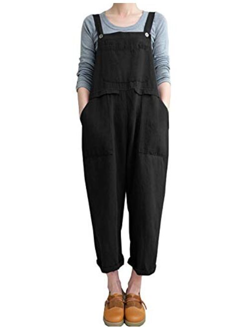 Locachy Women's Baggy Casual Overalls Jumpsuit Cotton Linen Wide Leg Sleeveless Sling Harem Pants