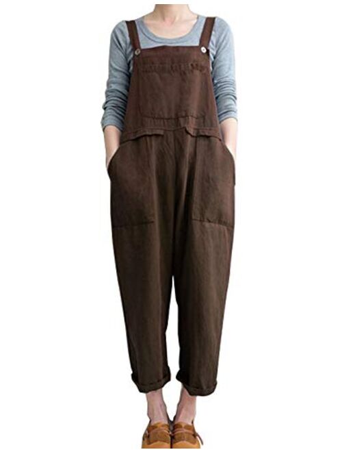 Locachy Women's Baggy Casual Overalls Jumpsuit Cotton Linen Wide Leg Sleeveless Sling Harem Pants