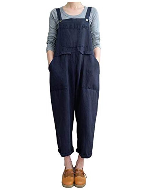 Locachy Women's Baggy Casual Overalls Jumpsuit Cotton Linen Wide Leg Sleeveless Sling Harem Pants