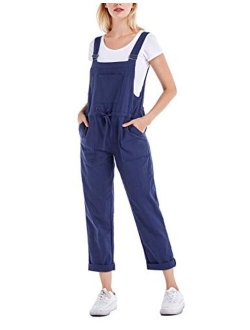 Tanming Women's Casual Cotton Linen Adjustable Strap Drawstring Overalls Jumpsuits