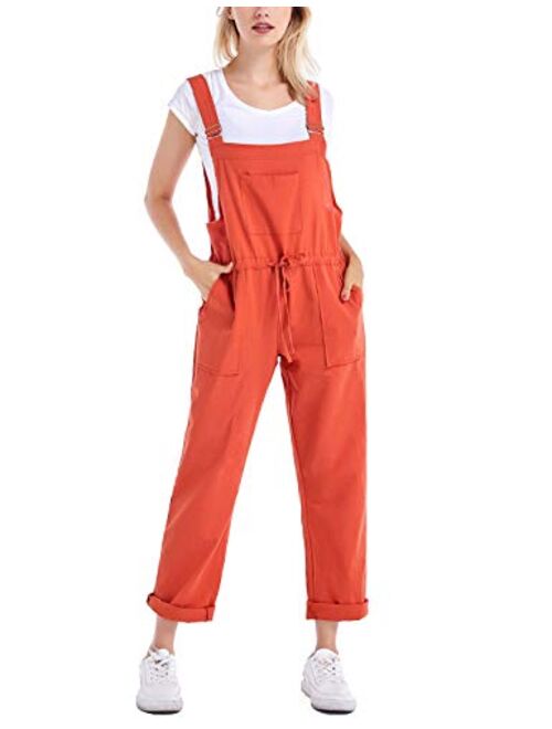 Tanming Women's Casual Cotton Linen Adjustable Strap Drawstring Overalls Jumpsuits