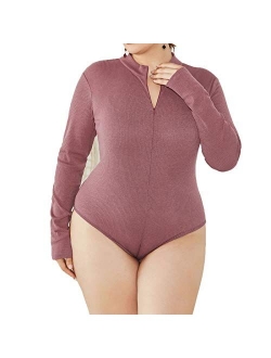 IyMoo Women's Sexy Plus Size Long Sleeve Jumpsuit High Stretch Bodysuit Rompers Playsuit Bodycon Leotards