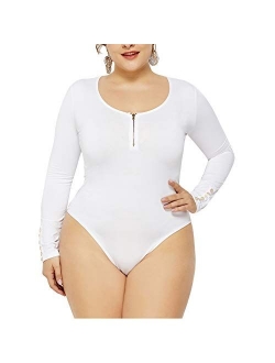 IyMoo Women's Sexy Plus Size Long Sleeve Jumpsuit High Stretch Bodysuit Rompers Playsuit Bodycon Leotards