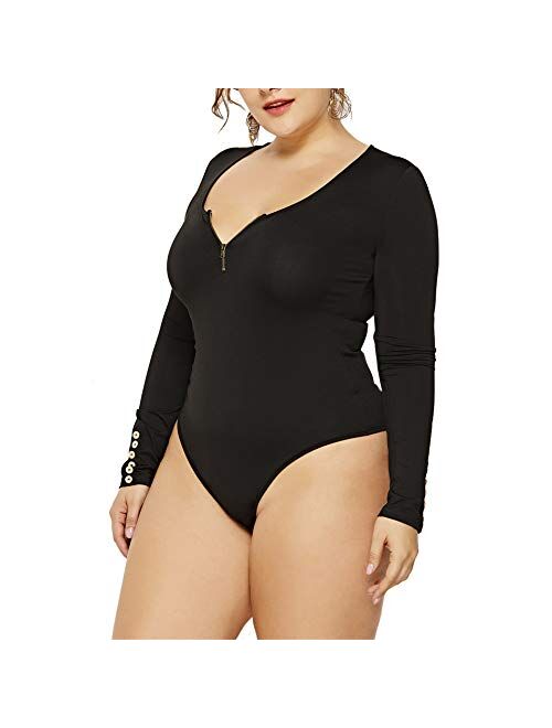 IyMoo Women's Sexy Plus Size Long Sleeve Jumpsuit High Stretch Bodysuit Rompers Playsuit Bodycon Leotards