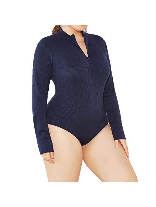 IyMoo Women's Sexy Plus Size Long Sleeve Jumpsuit High Stretch Bodysuit Rompers Playsuit Bodycon Leotards