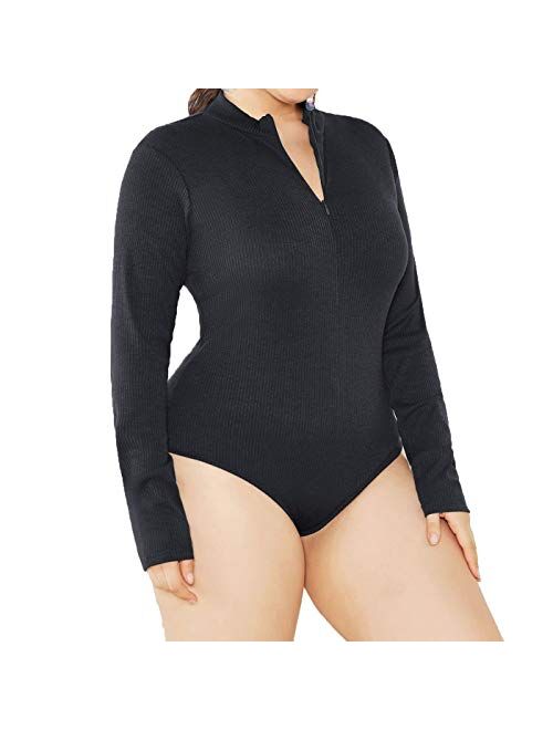 IyMoo Women's Sexy Plus Size Long Sleeve Jumpsuit High Stretch Bodysuit Rompers Playsuit Bodycon Leotards