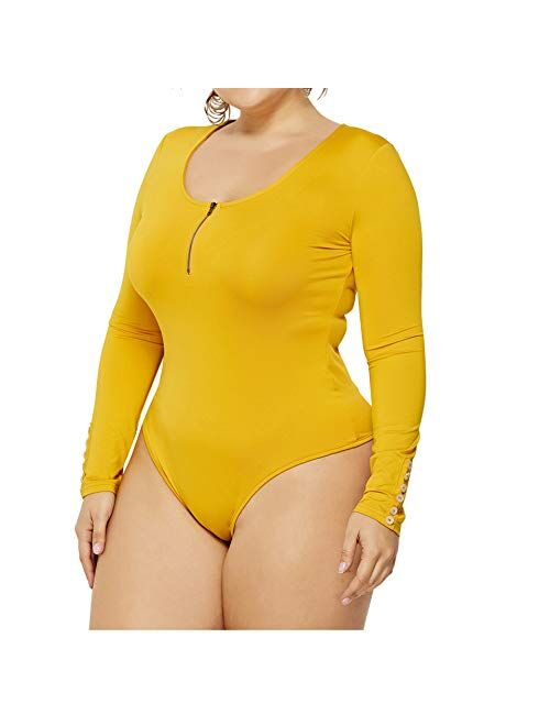 IyMoo Women's Sexy Plus Size Long Sleeve Jumpsuit High Stretch Bodysuit Rompers Playsuit Bodycon Leotards