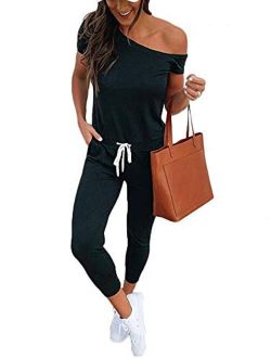 Women One Off Shoulder Jumpsuits Short Sleeve Casual Skinny Long Pants Rompers with Pockets