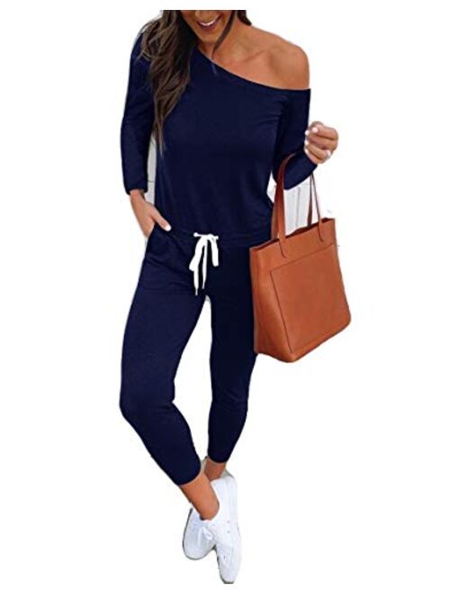 Women One Off Shoulder Jumpsuits Short Sleeve Casual Skinny Long Pants Rompers with Pockets