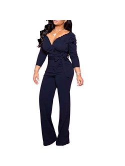 IyMoo Women's Sexy Wrap Top Wide Leg Long Sleeve Cocktail V Neck Jumpsuit