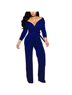 IyMoo Women's Sexy Wrap Top Wide Leg Long Sleeve Cocktail V Neck Jumpsuit