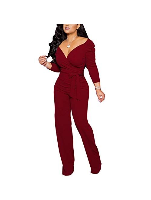 IyMoo Women's Sexy Wrap Top Wide Leg Long Sleeve Cocktail V Neck Jumpsuit