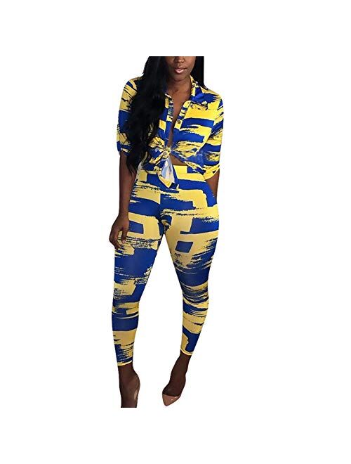 IyMoo Sexy Two Piece Outfits for Women Party Night Summer Newspaper Print Shirt Bodycon Long Pants Tracksuit Outfits