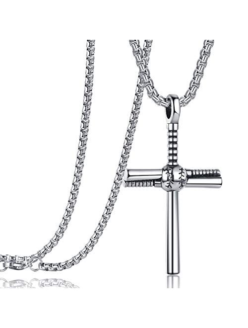 Rehoboth Baseball Bat Cross Pendant Necklace for Boy Men Women with 22"+2" Adjustable Stainless Steel Chain Black Gold Silver