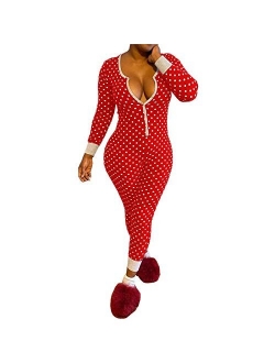 Mylleure Women Christmas Long Sleeve Short Jumpsuit Button Down V Neck One Piece Bodysuit Halloween Romper Pajama Party