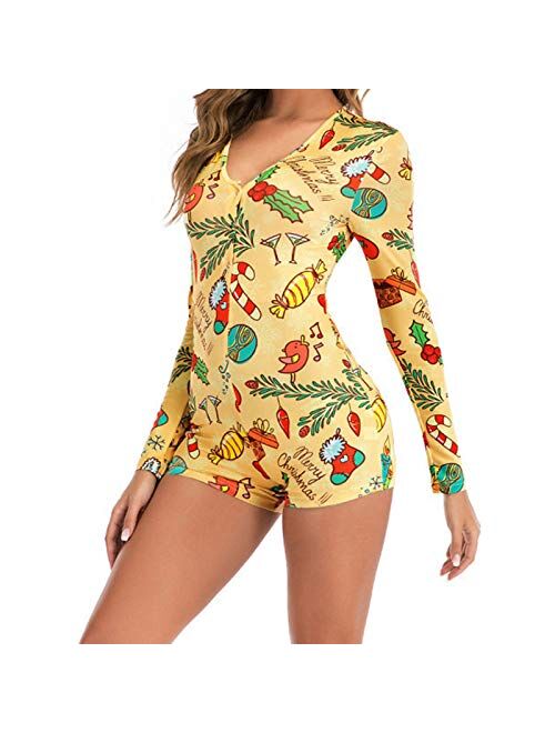 Mylleure Women Christmas Long Sleeve Short Jumpsuit Button Down V Neck One Piece Bodysuit Halloween Romper Pajama Party