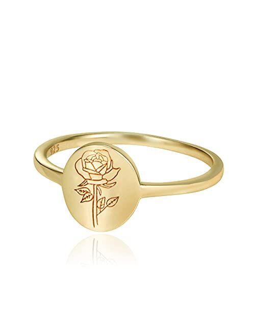 YeGieonr Handmade Flower Signet Ring -18K Gold Ring-Minimalistic Statement Ring with Botanical Engraved- Delicate Personalized Jewelry Gift for Women/Girls