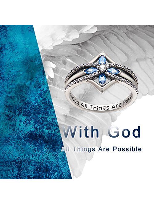 YFN Cross Ring Vintage Tone Sterling Silver with God All Things are Possible CZ Band Rings Size 6-10