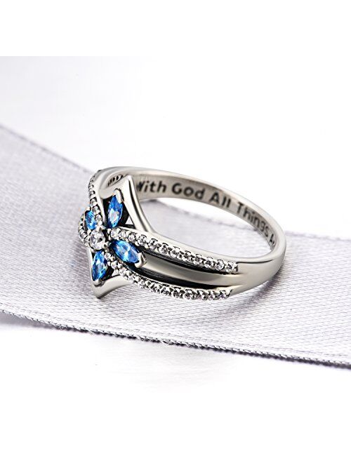 YFN Cross Ring Vintage Tone Sterling Silver with God All Things are Possible CZ Band Rings Size 6-10