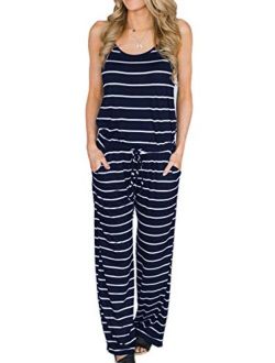 Famulily Women's Comfy Striped One Piece Jumpsuit Loose Sleeveless Wide Leg Long Pants Romper