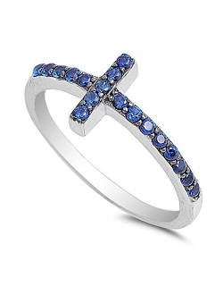 Cubic Zirconia Christian Sideways Cross Ring Sterling Silver (Color Options Sizes 3-15)