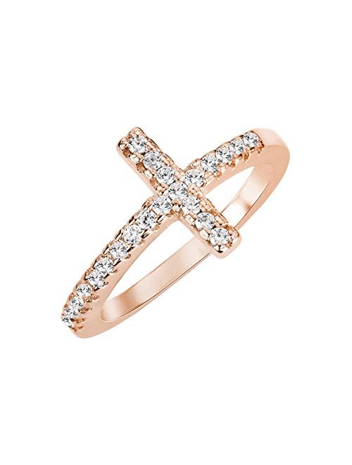 Cubic Zirconia Christian Sideways Cross Ring Sterling Silver (Color Options Sizes 3-15)