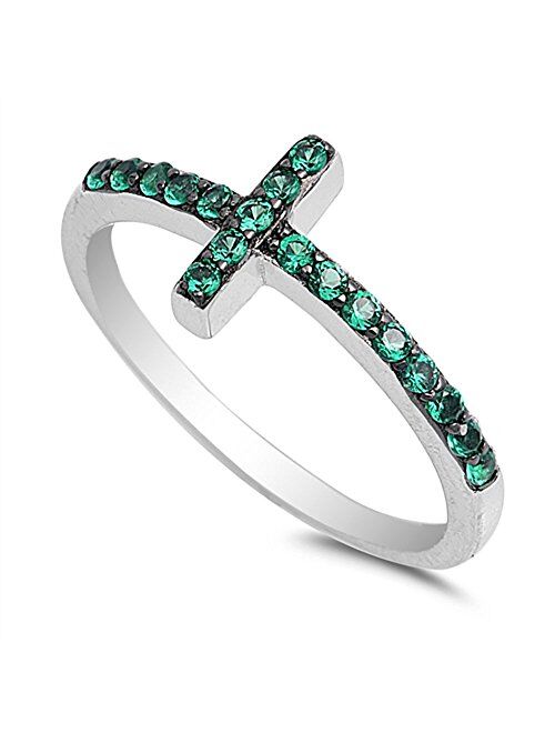 Cubic Zirconia Christian Sideways Cross Ring Sterling Silver (Color Options Sizes 3-15)