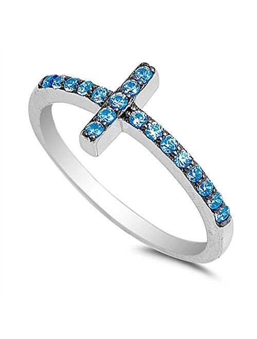 Cubic Zirconia Christian Sideways Cross Ring Sterling Silver (Color Options Sizes 3-15)