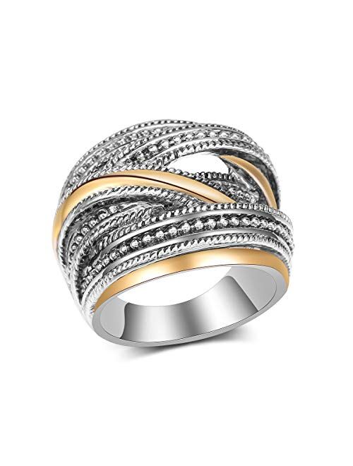 dnswez 2 Tone Intertwined Crossover Statement Ring, Fashion Chunky Gold Plated Vintage 925 Sterling Silver Rings for Women Men, Wide Index Finger Rings Costume Jewelry