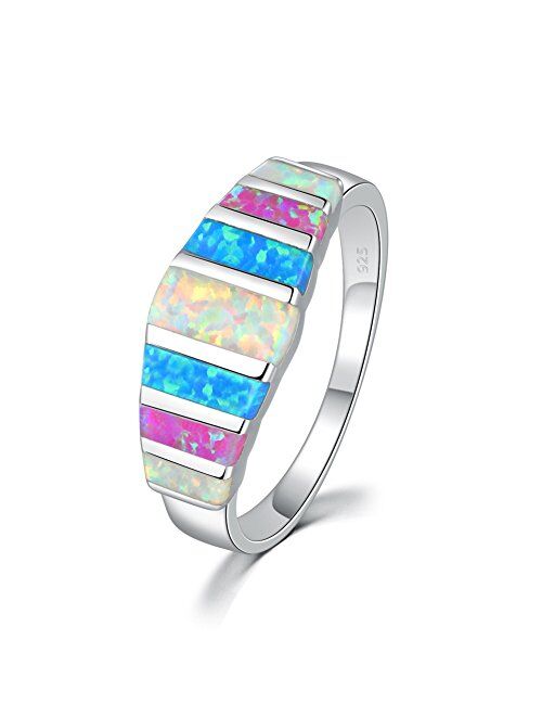 CiNily Women's Opal Rings,Create White Blue Pink Fire Opal Silver Plated Gemstone Ring Size 5-13