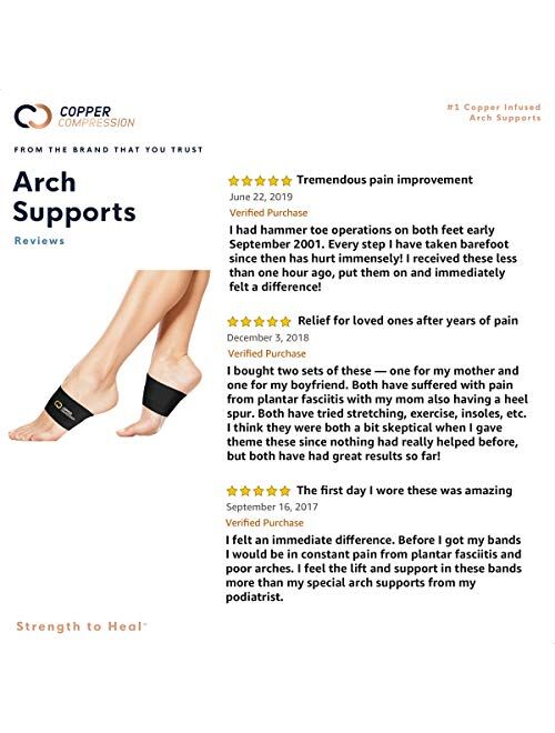 Copper Compression Copper Arch Support - 2 Plantar Fasciitis Braces/Sleeves. Guaranteed Highest Copper Content. Foot Care, Heel Spurs, Feet Pain, Flat Arches (1 Pair Blac