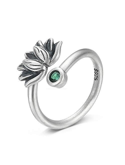 Real 925 Sterling Silver Lotus Open Rings for Women Men Gifts Vintage Floral Finger Ring Silver Fashion Party Jewelry Gifts