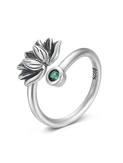 Real 925 Sterling Silver Lotus Open Rings for Women Men Gifts Vintage Floral Finger Ring Silver Fashion Party Jewelry Gifts